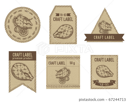 Craft labels vintage design with illustration of grilled salmon steak Craft labels vintage design with illustration of grilled salmon steak 67244713