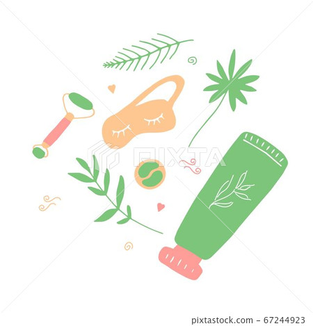 Cute girlish beauty poster with cosmetics and tools. Massage roller, sleep mask, patches and hand cream. Doodle hand drawn elements. Vector flat illustration Cute girlish beauty poster with cosmetics and tools. Massage roller, sleep mask, patches and hand cream. Doodle hand drawn elements. Vector flat illustration 67244923