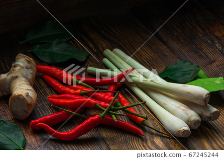 Chili peppers with galangal root, leaf of kaffir Chili peppers with galangal root, leaf of kaffir 67245244