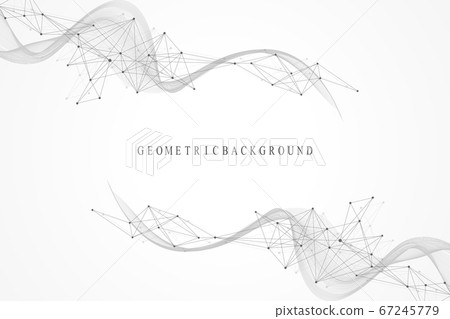Abstract geometric background with dynamic particles, wave flow. Big data, plexus stream background. Perspective data visualization with fractal element. Plexus flow style. Digital vector illustration 67245779
