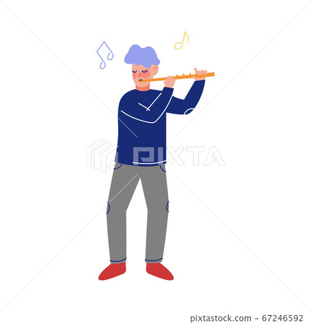 Teen Boy Playing Flute Musical Instrument, Young Talented Male Musician Character Vector Illustration on White Background 67246592