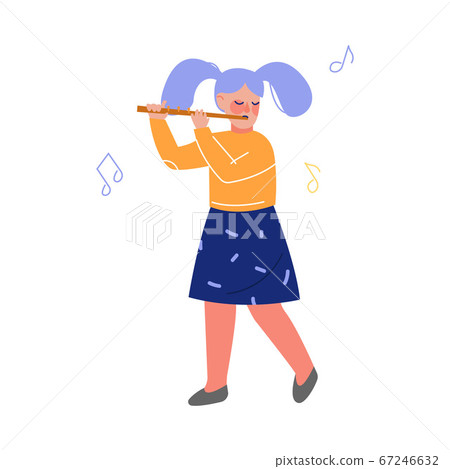 Teen Girl Playing Flute Musical Instrument, Young Talented Musician Character Vector Illustration on White Background 67246632