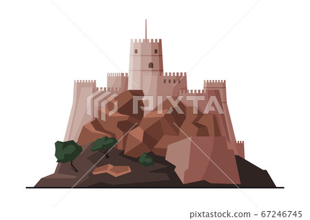 Mutrah Fort, Muscat City Architecture, Oman Country Famous Landmark, Medieval Historical Building Flat Vector Illustration 67246745