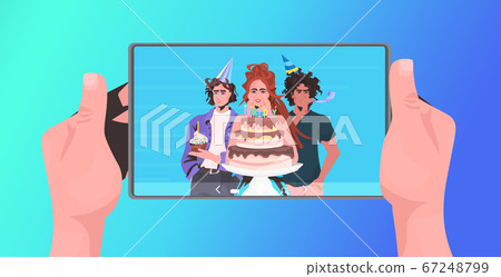 hands using tablet pc mix race friends celebrating online party having virtual fun celebration concept 67248799