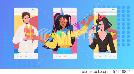 people celebrating online party mix race friends having virtual fun celebration concept 67248805