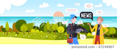 photographer with model chatting during photo session discussing daily news chat bubble communication 67248807