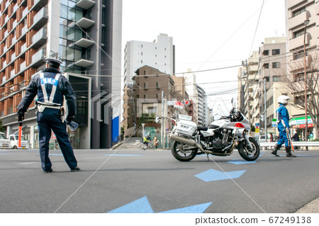Traffic regulation for road blockade by motorcycle Traffic regulation for road blockade by motorcycle 67249138