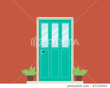 Green house front door with three narrow windows on red wall Green house front door with three narrow windows on red wall 67250843