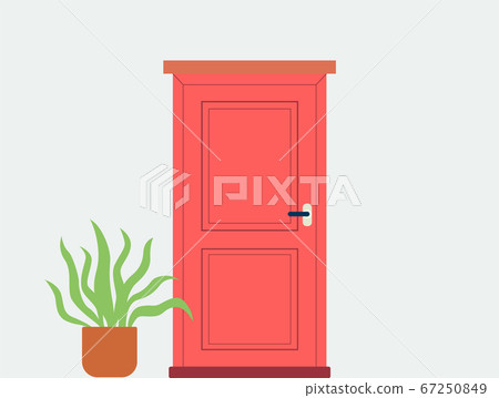 House front with red door and plant in pot flat cartoon vector illustration. House front with red door and plant in pot flat cartoon vector illustration. 67250849