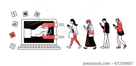 Inbound marketing with magnet attracting people sketch vector illustration. 67250987