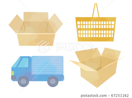 Illustration set related to transportation and distribution: Cardboard, truck, shopping cart 67251162