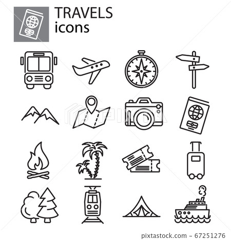 Travel, vacation and camping icon set thin line, linear, outline sign, symbol, logo black on white background Travel, vacation and camping icon set thin line, linear, outline sign, symbol, logo black on white background 67251276