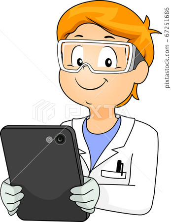 Kid Boy Book Lab Coat Hold Tablet Illustration 67251686