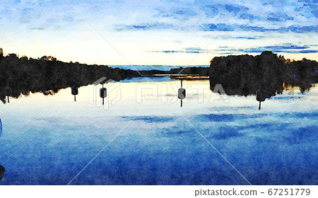 watercolor style which represents the buoys on the canal at sunset 67251779