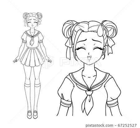 Smiling Manga Girl With Closed Eyes And Two Stock Illustration