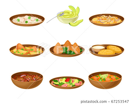Brazilian Cuisine Dishes with Stewed Beans and Fruit Salad Vector Set Brazilian Cuisine Dishes with Stewed Beans and Fruit Salad Vector Set 67253547