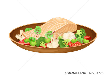 Fish Slab with Fresh Vegetables as Brazilian Cuisine Dish Vector Illustration 67253778