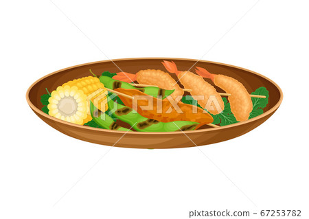 Grilled Vegetables with Skewered Shrimps as Brazilian Cuisine Dish Vector Illustration 67253782