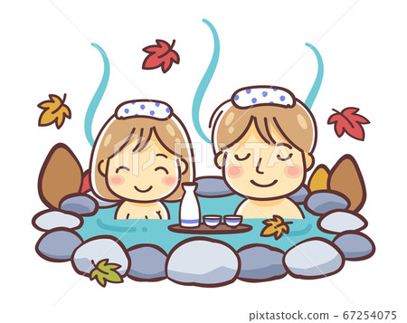 男人和女人，夫婦和情侶在秋天的季節裡泡溫泉的插圖（秋季戶外浴） 67254075