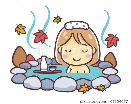 在秋季 秋季戶外浴 期間在溫泉中沐浴的女人的插圖 插圖素材 圖庫