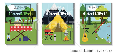 A set of flat vector leaflets for summer camping, Hiking and tourism. Three flyers with a tent, picnic table, basket of mushrooms, fire, fishing rod, guitar and camping equipment. A set of flat vector leaflets for summer camping, Hiking and tourism. Three flyers with a tent, picnic table, basket of mushrooms, fire, fishing rod, guitar and camping equipment. 67254952