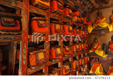 Folios of old manuscripts in library of Thiksey Monastery. Ladakh, India 67256213