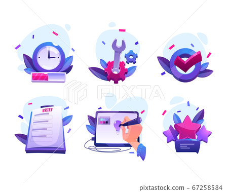 Vector cartoon icons of designer work process Vector cartoon icons of designer work process 67258584