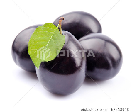 Plums with leaves isolated on white backgrounds. 67258948