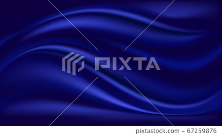Blue wave satin background. Smooth shiny silk fabric texture, deep blue color flow swirl. Vector illustration 67259876