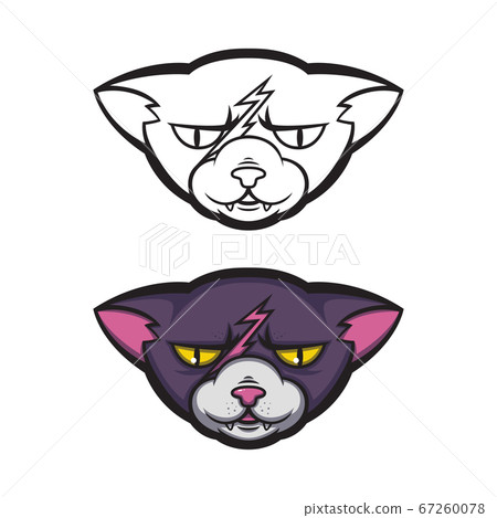 Angry cat with a scar on his forehead. Grumpy pussycat. Vector illustration for logo, t-shirt print design. Angry cat with a scar on his forehead. Grumpy pussycat. Vector illustration for logo, t-shirt print design. 67260078