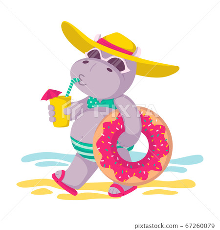 Hippo in a hat and sunglasses, with donut inflatable circle and a drink in hand goes to the beach. Summer mood, sea, sun. Vector children illustration isolated on white background. Hippo in a hat and sunglasses, with donut inflatable circle and a drink in hand goes to the beach. Summer mood, sea, sun. Vector children illustration isolated on white background. 67260079