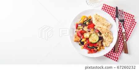 Grilled vegetables and fried chicken breast Grilled vegetables and fried chicken breast 67260232