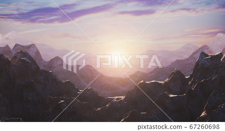 Background with a purple sunset among the mountains. 3d rendering Background with a purple sunset among the mountains. 3d rendering 67260698
