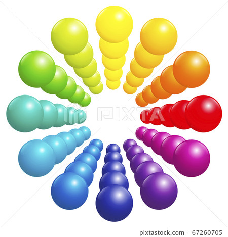 Colorful ball pattern - circle, tube, tower or flower. Very shiny rainbow spectrum formed by many three-dimensional colored balls. Vector illustration on white background. 67260705