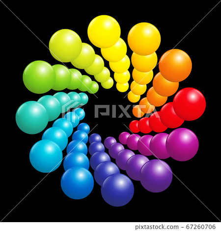 Colorful spiral pattern, very shiny rainbow spectrum formed by many three-dimensional colored balls. Vector illustration on black background. 67260706