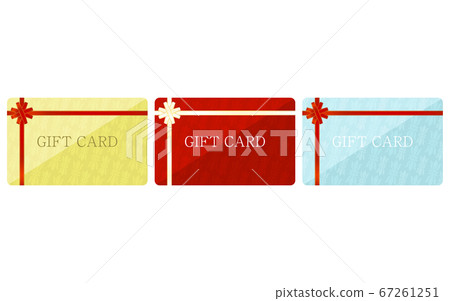 Illustration of yellow, red and blue gift card with wrapping ribbon. 67261251