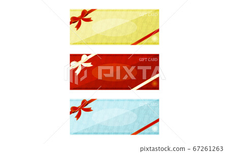 Illustration of yellow, red and blue gift card with wrapping ribbon. 67261263