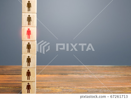 A red man stands out from a row number of people in a tower of blocks. Leader, leadership skills. Filling of vacancies with professional specialists. Staffing. Talented special essential employee. A red man stands out from a row number of people in a tower of blocks. Leader, leadership skills. Filling of vacancies with professional specialists. Staffing. Talented special essential employee. 67261713
