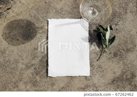 Summer wedding, birthday stationery. Blank greeting card mockup. Olive branch and glass of cocktail, wine in sunlight on concrete background. Flat lay, top view, long shadow. Celebration concept. 67262462