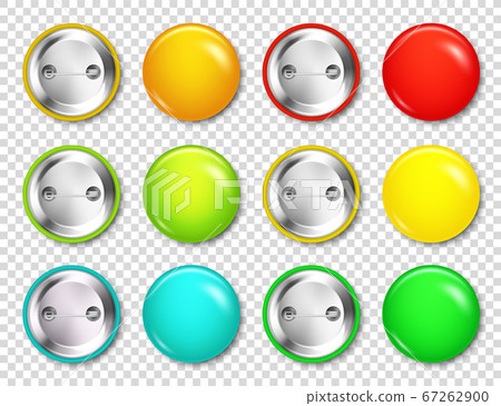 Realistic blank badges collection. Colorful 3D glossy round button. Pin badge mockup. Vector 67262900