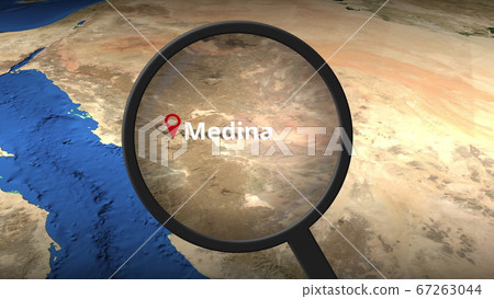 Magnifying glass finds Medina city on the map, 3d rendering 67263044