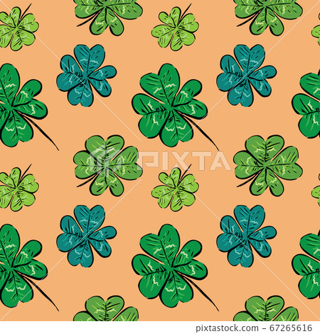 Hand drawn ink style black and white four leaves lucky clover seamless pattern vector illustration. Saint Patrick's day celebration cards, menu, invitations or banners, gift wrapping paper. 67265616