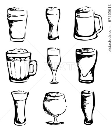 Hand drawn ink style isolated illustration logo set collection. Fresh beer glasses mugs different types. For Oktoberfest, Saint Patrick or craft draft beer event festival. For pub bar restaurant menu. 67265618