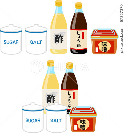 Illustration set of seasonings (sugar, salt, vinegar, soy sauce, miso) Illustration set of seasonings (sugar, salt, vinegar, soy sauce, miso) 67267370