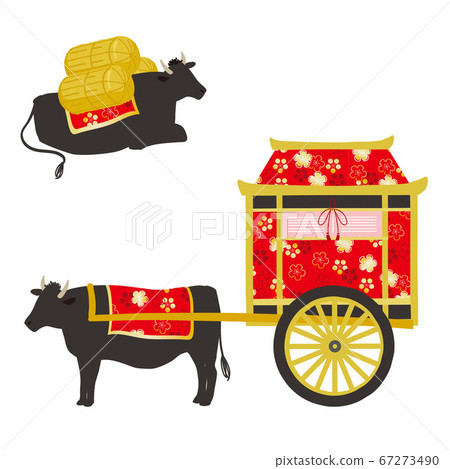 A set of beef that rests with an ox cart and bales 67273490