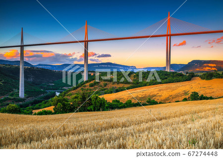 Superb engineering solution and panorama, viaduct of Millau, Aveyron, France  67274448