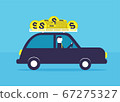 Businessman driving a car full of dollar coins 67275327