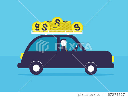 Businessman driving a car full of dollar coins Businessman driving a car full of dollar coins 67275327