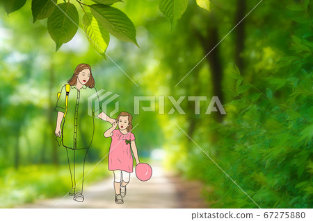 母親和兒童穿過公園散步的插圖 母親和兒童穿過公園散步的插圖 67275880
