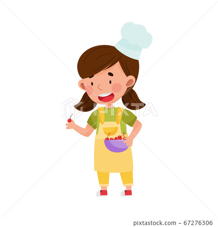 Funny Girl Character in Hat and Apron Carrying Cherry in Bowl for Baking Vector Illustration Funny Girl Character in Hat and Apron Carrying Cherry in Bowl for Baking Vector Illustration 67276306